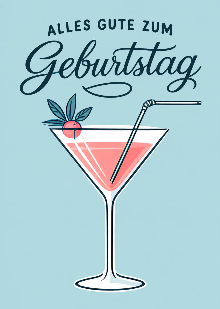 Hellblaue Geburtstagskarte mit rosa Cocktail im Martiniglas, Olive und dem Schriftzug „ALLES GUTE ZUM Geburtstag“.