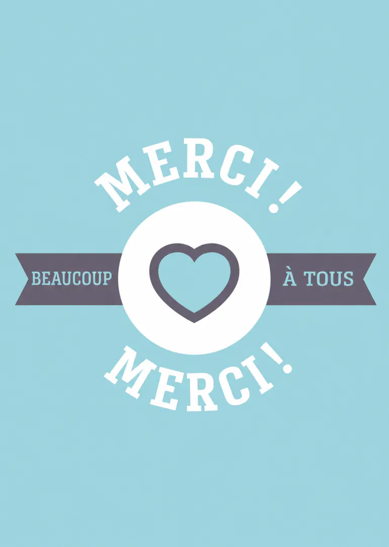 Carte bleu turquoise avec un cœur et le message « Merci beaucoup à tous merci ! ».