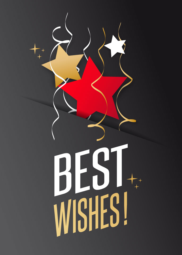 Card with best wishes text, red and gold stars, and gold and white streamers on black background