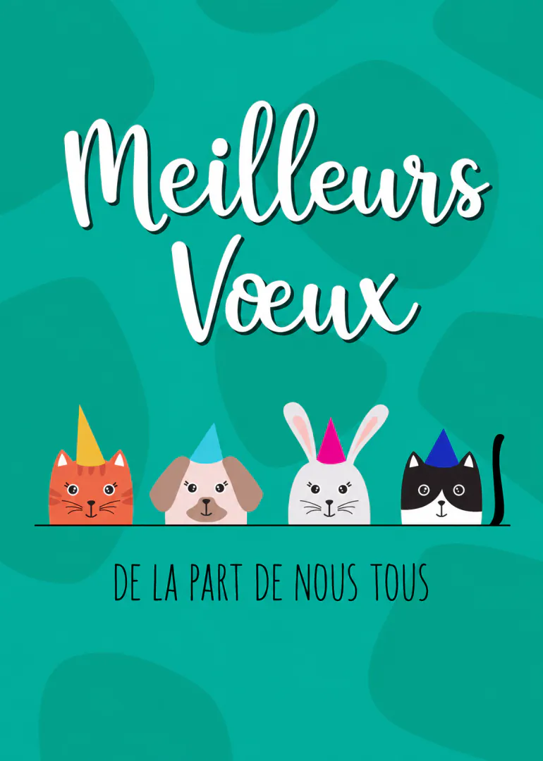 Carte turquoise avec le texte « Meilleurs Vœux », quatre animaux portant des chapeaux de fête et le message « DE LA PART DE NOUS TOUS ».