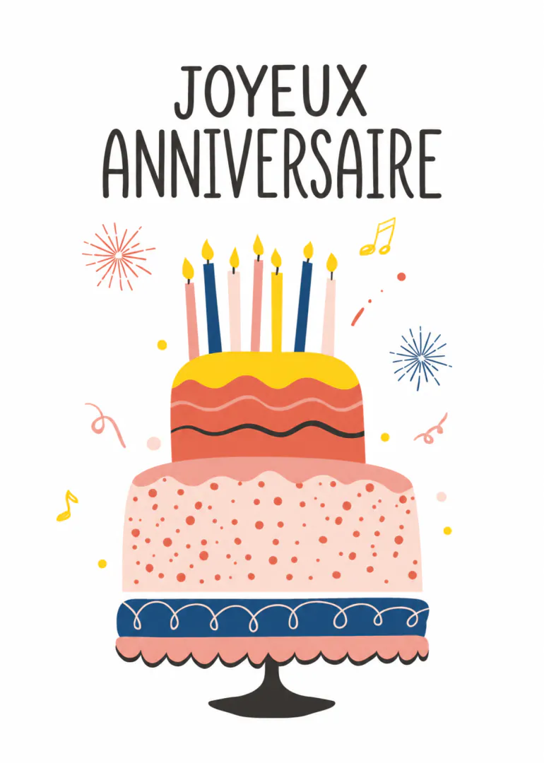 Carte d’anniversaire avec un grand gâteau à étages, des bougies et le texte « JOYEUX ANNIVERSAIRE ».