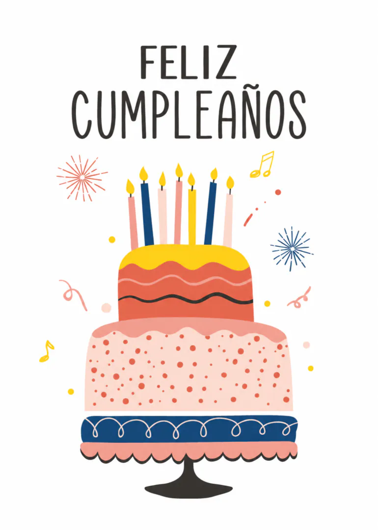 Tarjeta blanca con el texto «FELIZ CUMPLEAÑOS» sobre una tarta de tres pisos con velas, confeti y notas musicales.