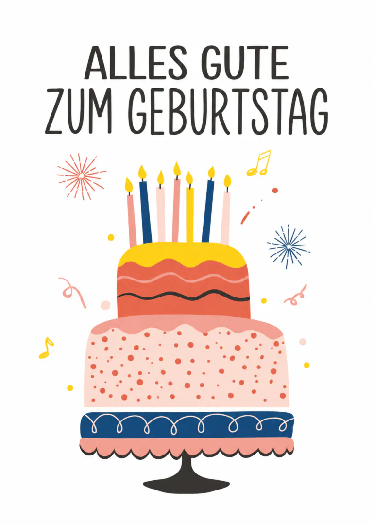 Weiße Geburtstagskarte mit dem Schriftzug „ALLES GUTE ZUM GEBURTSTAG“ und einer dreistöckigen bunten Torte mit Kerzen.