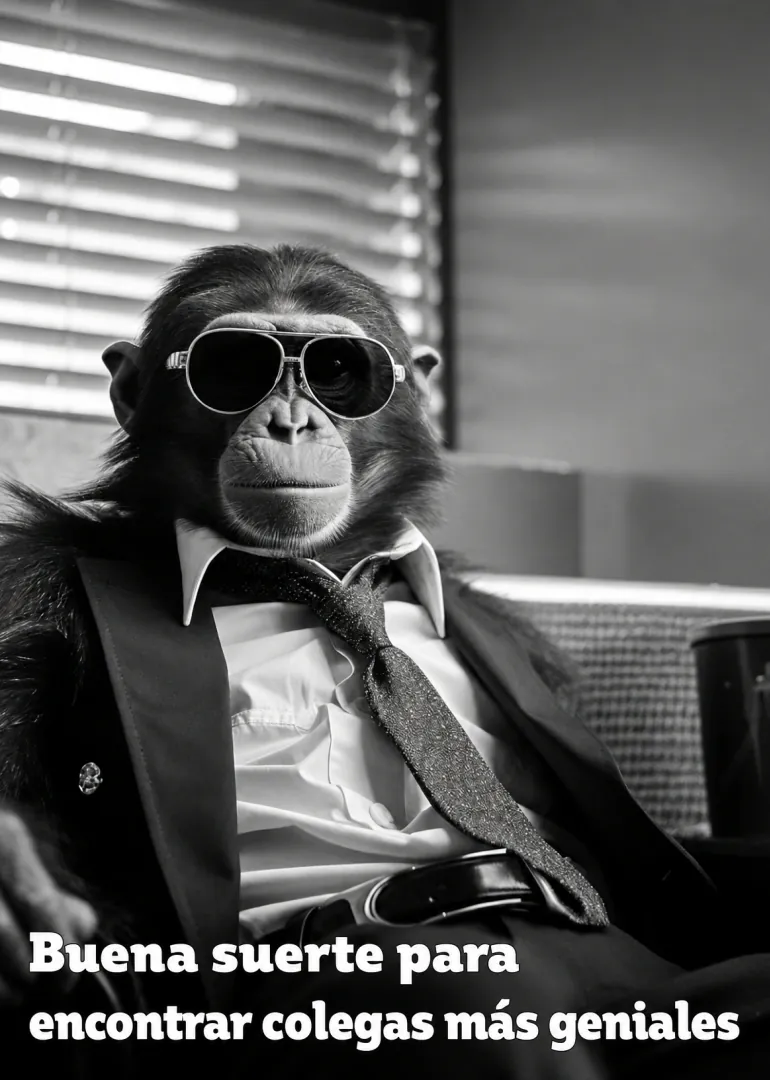 Tarjeta en blanco y negro con un chimpancé de traje y gafas de sol junto al mensaje de buena suerte para encontrar colegas mejores.