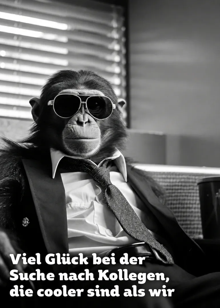 Schwarz-weisse Karte mit einem Schimpansen im Anzug und Sonnenbrille sowie einem humorvollen Abschiedsspruch.
