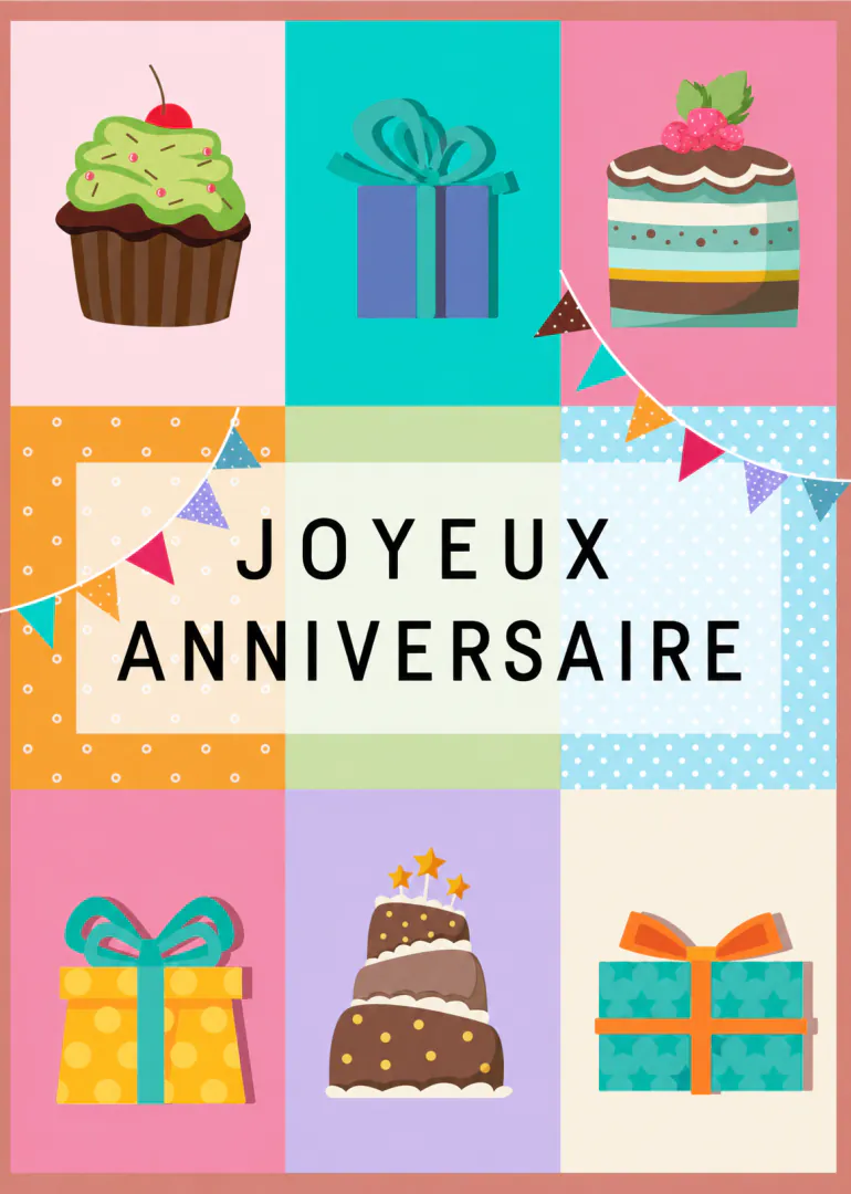Carte d’anniversaire colorée en grille, avec gâteaux, cadeaux, fanions et le texte « JOYEUX ANNIVERSAIRE ».