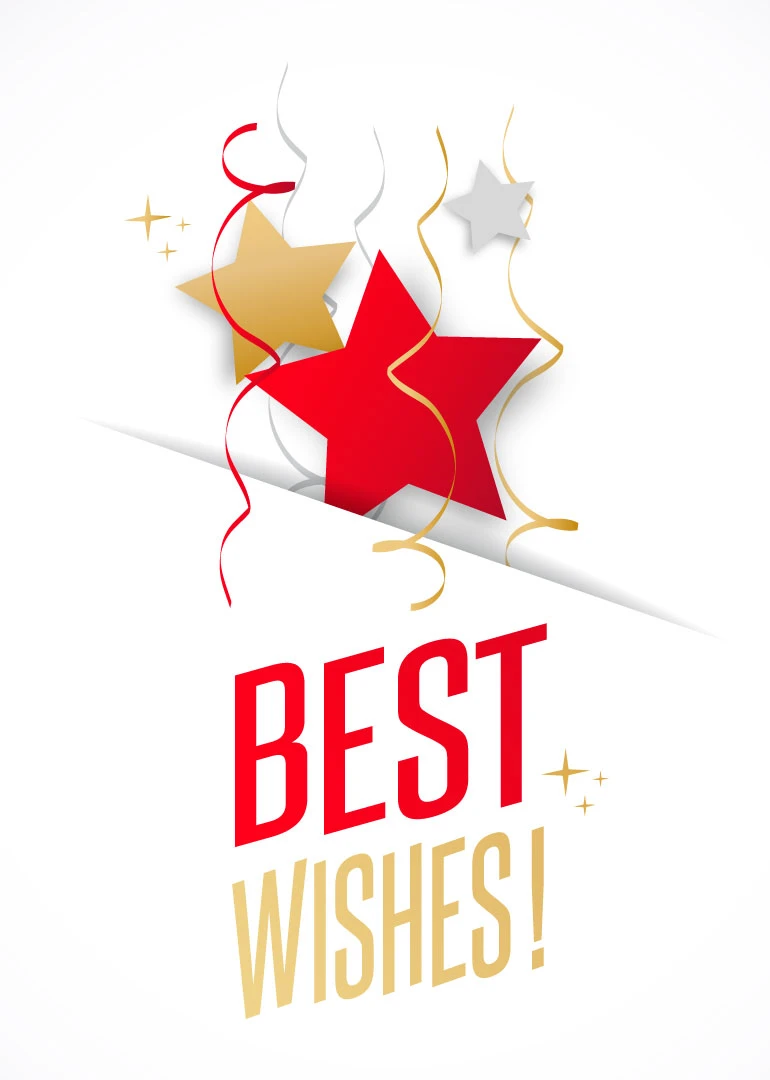 White celebration card with red and gold stars, streamers, and Best Wishes text.