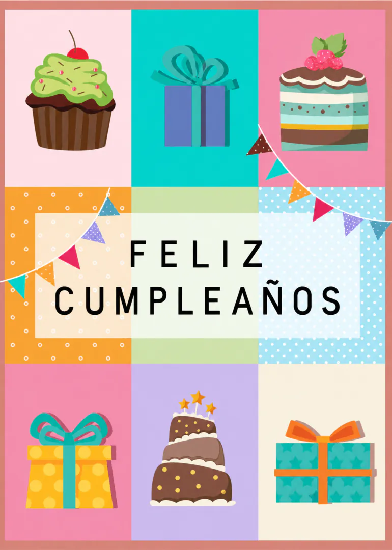 Tarjeta de cumpleaños en cuadrícula de colores con tartas, regalos, banderines y el texto «FELIZ CUMPLEAÑOS».