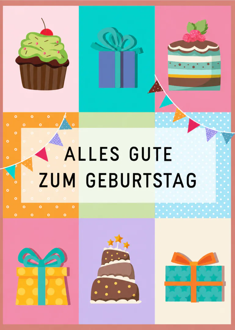 Bunte Rasterkarte mit Cupcake, Torten, Geschenken und der Aufschrift „ALLES GUTE ZUM GEBURTSTAG“.