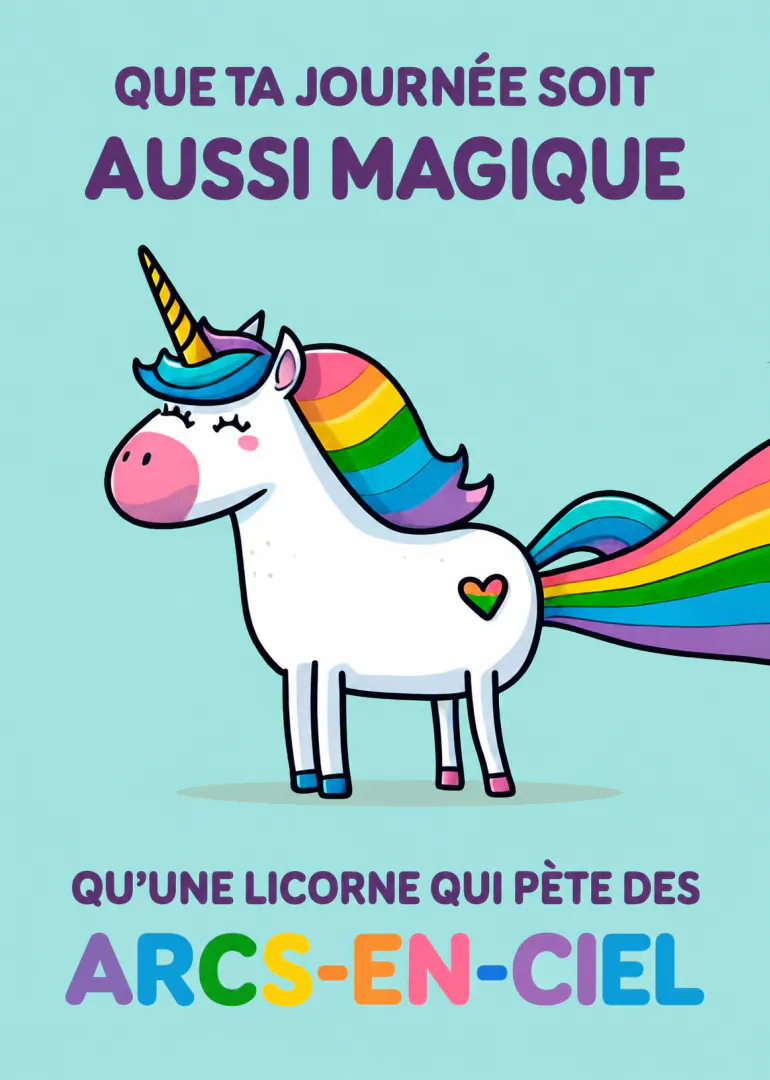 Carte turquoise montrant une licorne blanche à crinière arc-en-ciel et une traînée arc-en-ciel, avec un message humoristique en français.