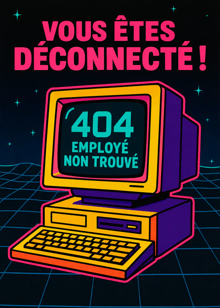 Carte noire avec un ordinateur rétro coloré affichant « 404 EMPLOYÉ NON TROUVÉ » et un message de déconnexion.
