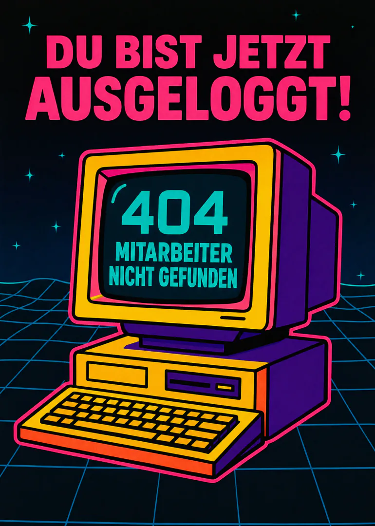 Neonfarbene Retro-Illustration eines Computers mit der Aufschrift „Du bist jetzt ausgeloggt!“.