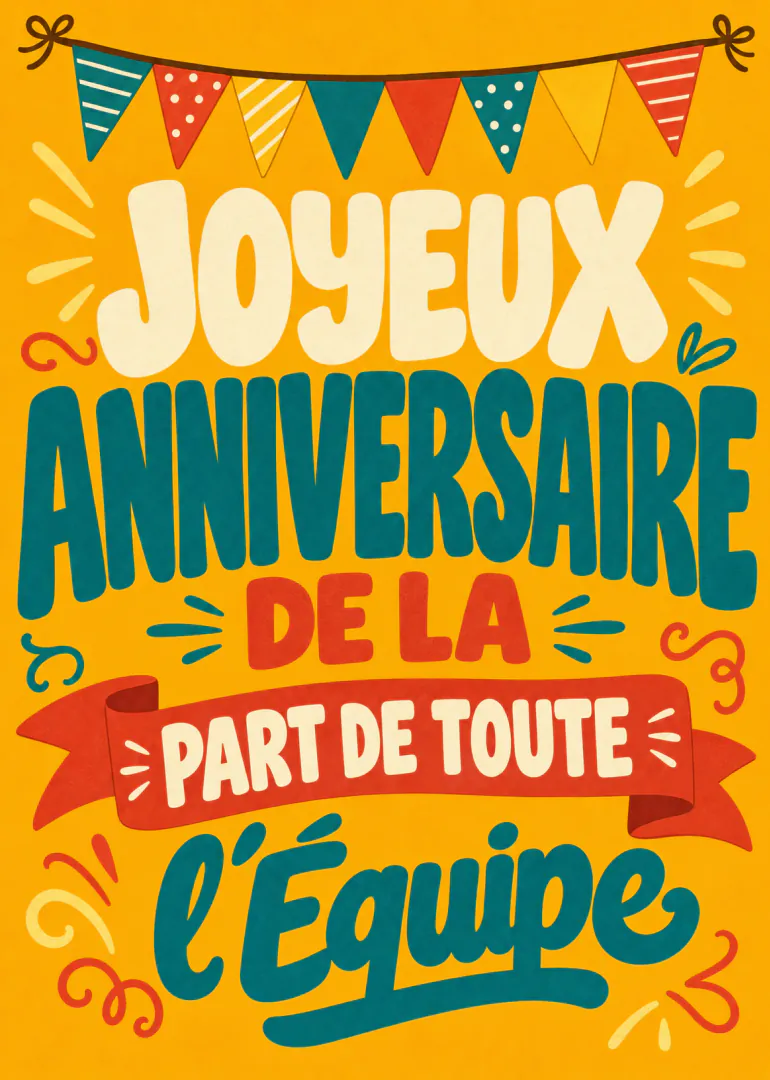 Carte orange au style rétro avec fanions et le message « JOYEUX ANNIVERSAIRE DE LA PART DE TOUTE l’Équipe ».