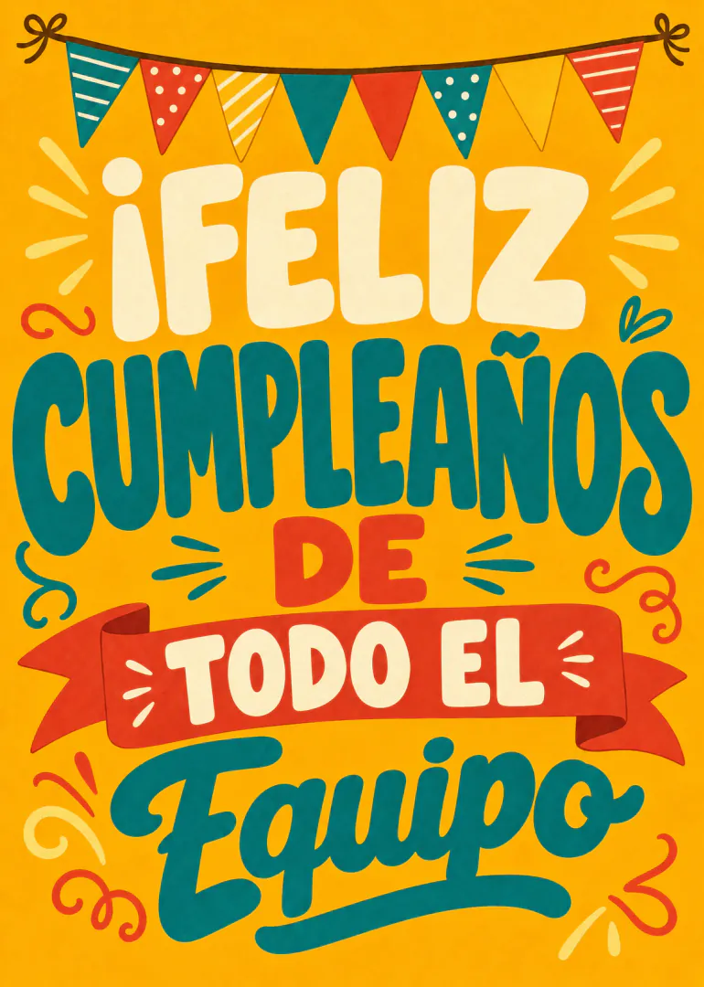 Tarjeta amarilla con banderines y el mensaje «¡FELIZ CUMPLEAÑOS DE TODO EL Equipo!» en letras retro.
