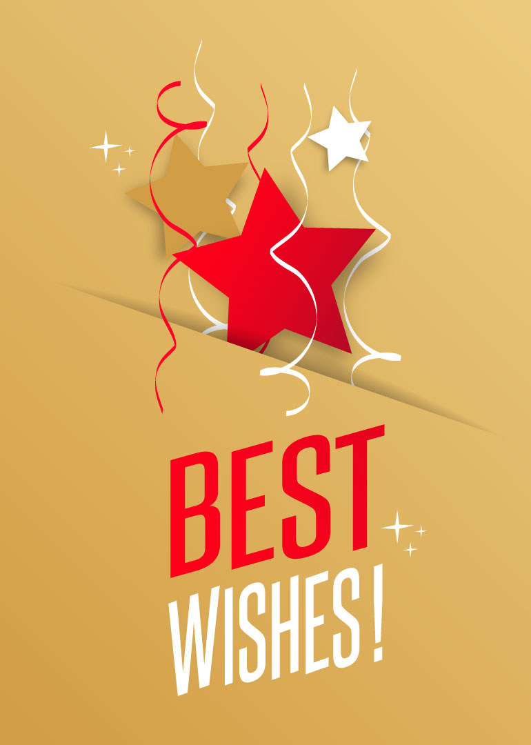 Card with red and gold stars, white and red streamers, and best wishes text
