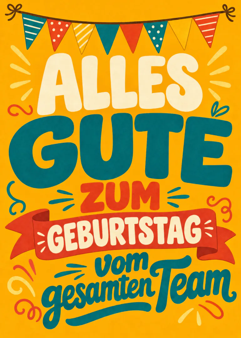 Gelbe Geburtstagskarte mit Wimpelkette, großer Schrift und der Botschaft vom gesamten Team.