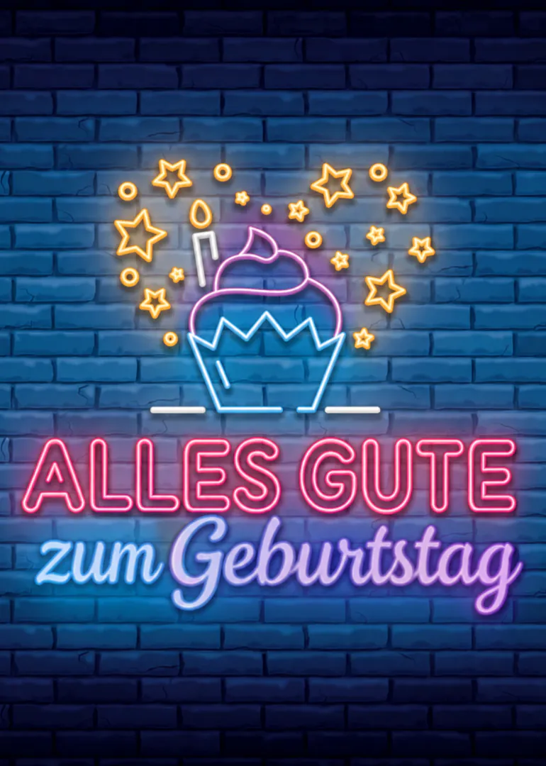 Neonkarte mit Cupcake, Sternen und dem Schriftzug „ALLES GUTE zum Geburtstag“ auf blauer Ziegelwand.