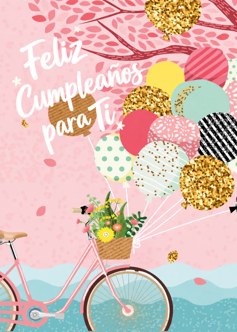 Tarjeta rosa de cumpleaños con una bicicleta, cesta de flores y globos de colores.