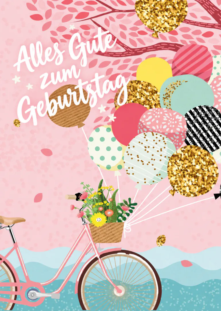 Rosafarbene Geburtstagskarte mit der Aufschrift „Alles Gute zum Geburtstag“, Fahrradkorb mit Blumen und vielen bunten Ballons.