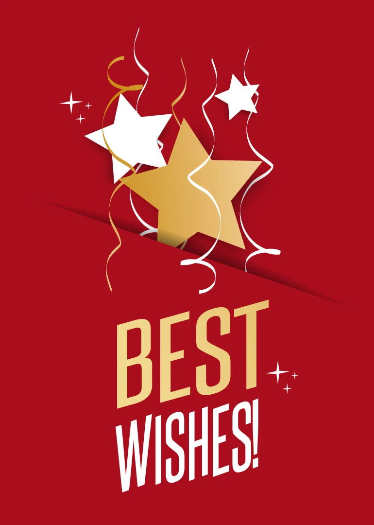 Red card with gold and white stars, streamers, and bold Best Wishes text on red.
