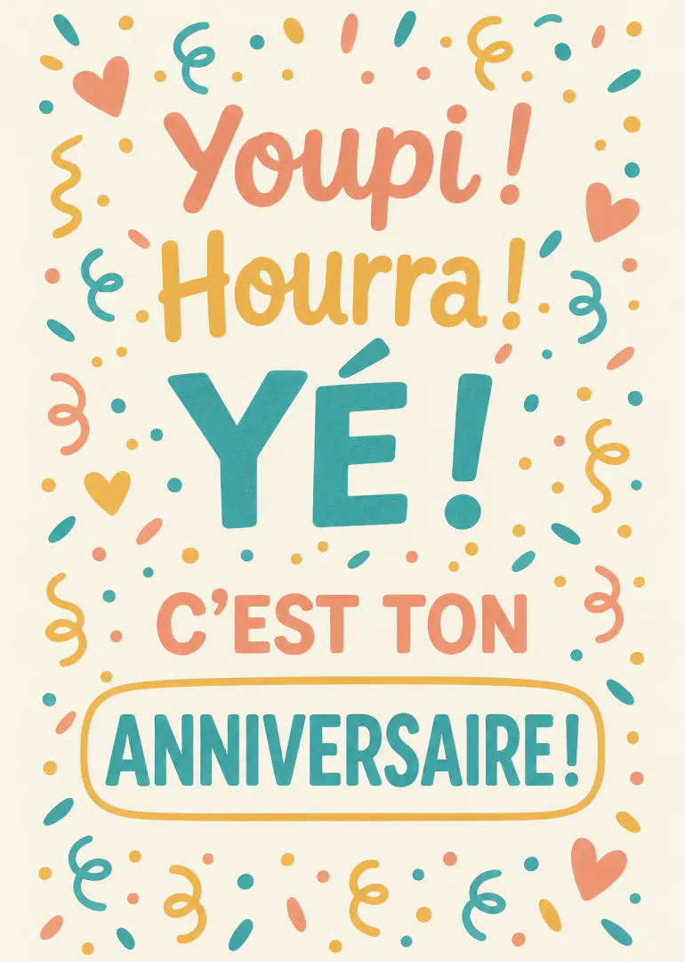 Carte typographique festive avec le message « Youpi ! Hourra ! Yé ! C’est ton anniversaire ! » entouré de confettis et de cœurs.