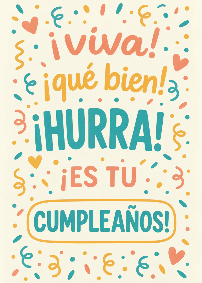Tarjeta de cumpleaños con letras coloridas, confeti, serpentinas y corazones sobre fondo crema.