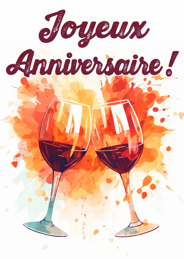 Carte illustrée avec deux verres de vin rouge devant des éclaboussures orange et le texte « Joyeux Anniversaire ! ».