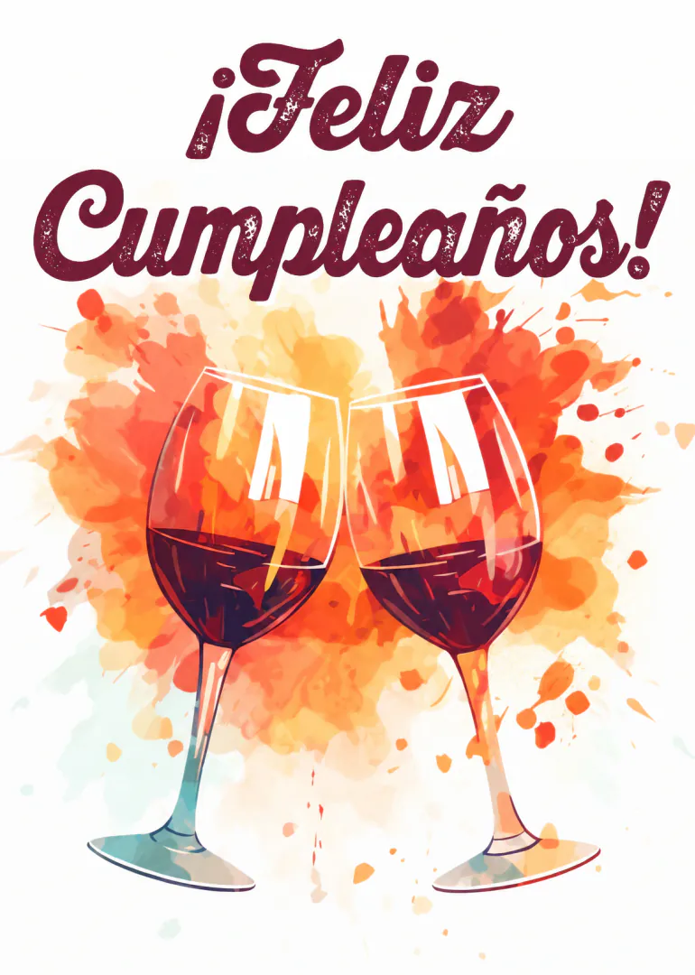 Tarjeta de cumpleaños con el texto «¡Feliz Cumpleaños!» y dos copas de vino tinto sobre salpicaduras naranjas.