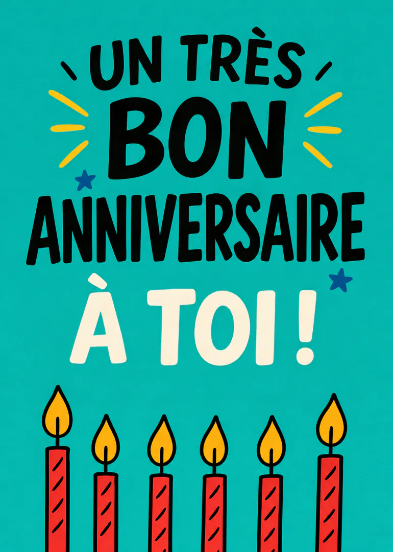 Carte turquoise avec le message « UN TRÈS BON ANNIVERSAIRE À TOI ! » et six bougies rouges allumées.