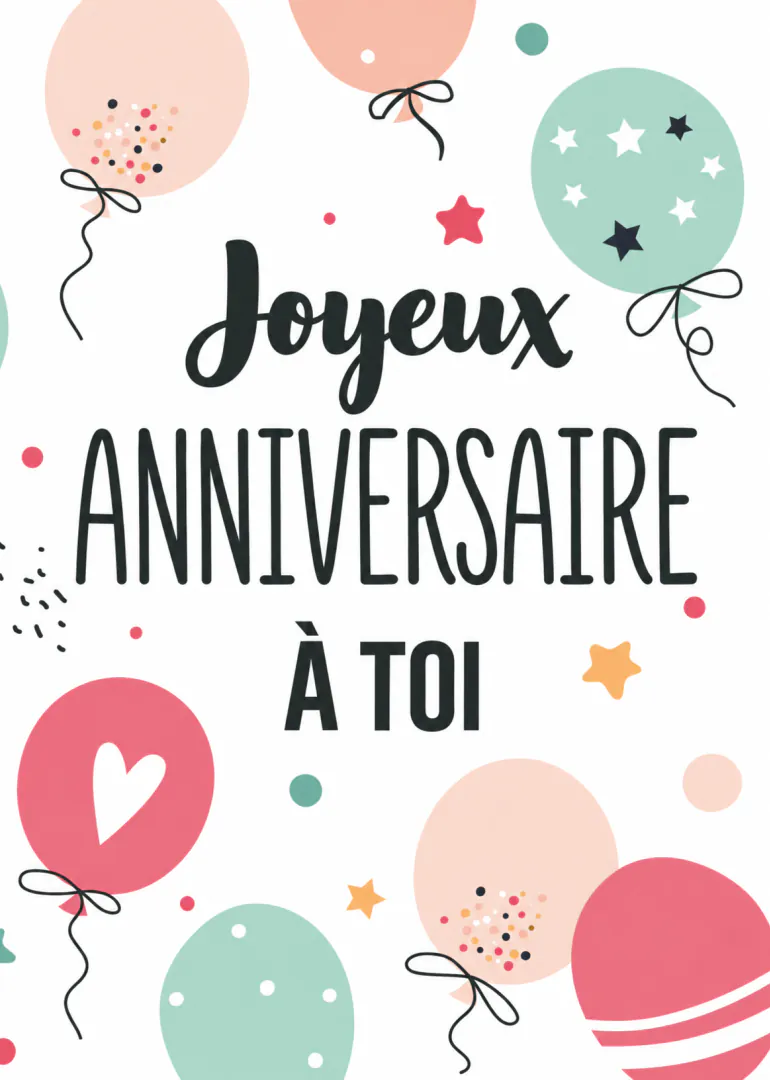 Carte blanche avec le texte « Joyeux anniversaire à toi », des ballons pastel, des étoiles et des confettis.