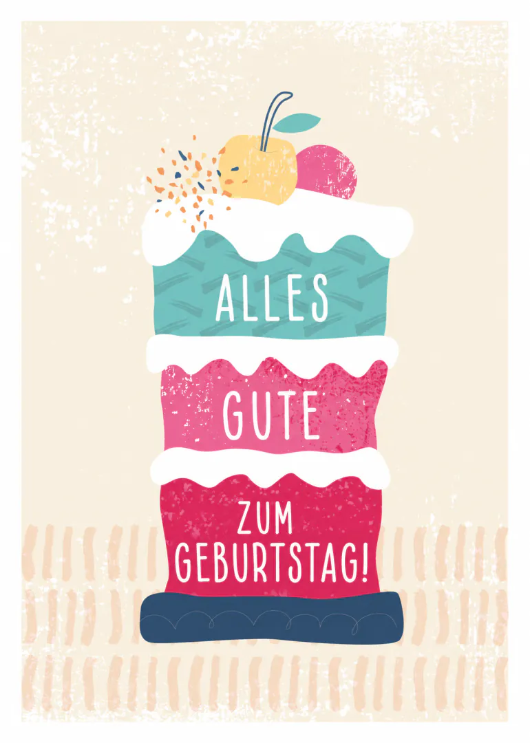 Illustration einer dreistöckigen rosa und türkisfarbenen Torte mit Kirsche und dem Text „ALLES GUTE ZUM GEBURTSTAG!“