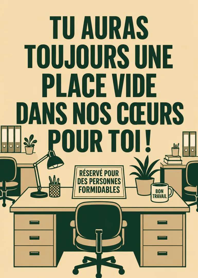 Carte de départ beige montrant un bureau avec le message qu’une place restera dans nos cœurs.