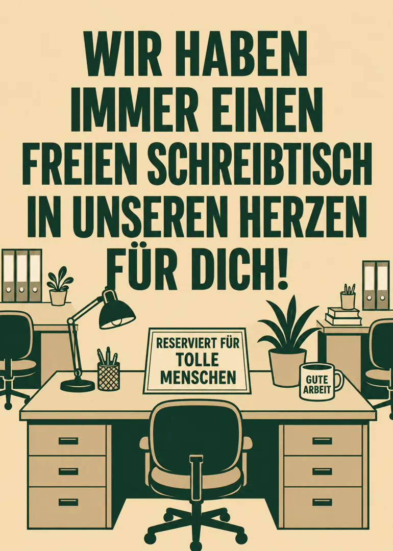 Beige Abschiedskarte mit dunkelgrüner Typografie und Illustration eines leeren Büroschreibtischs.