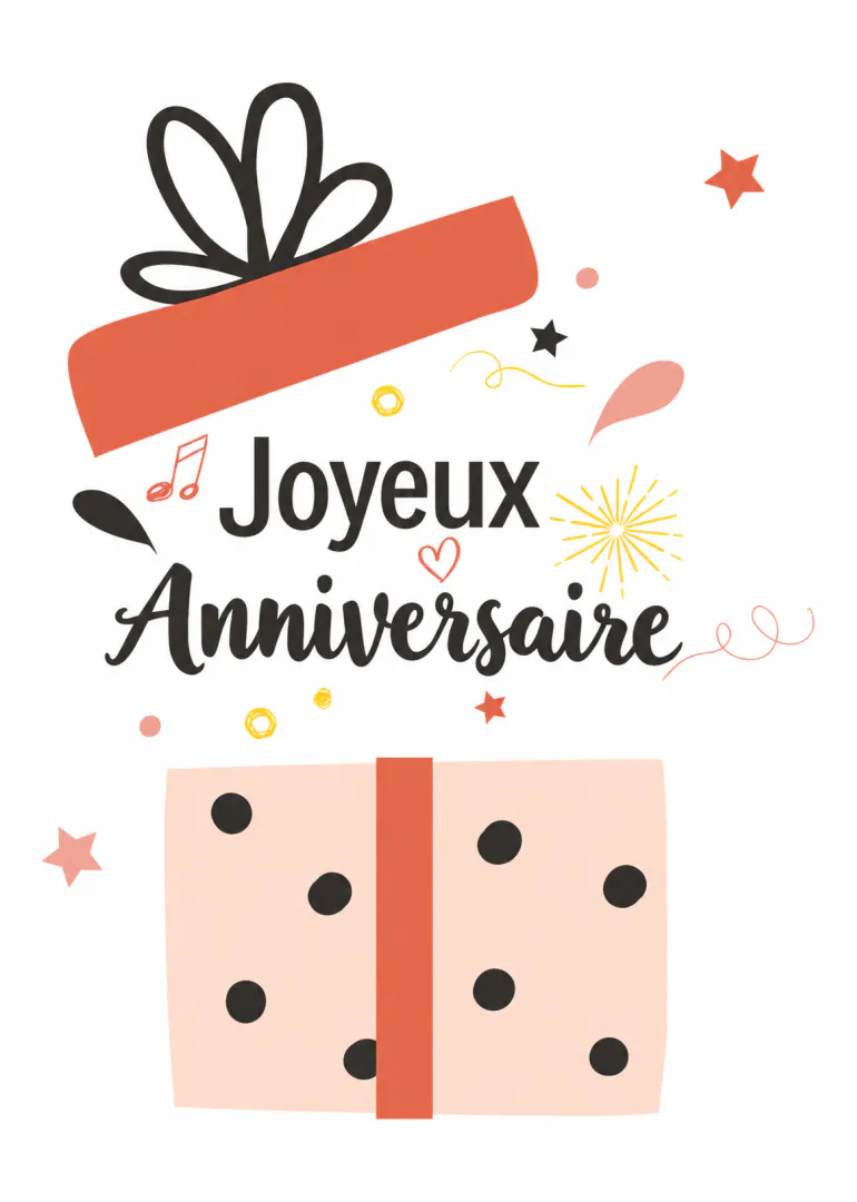 Carte blanche avec l’inscription « Joyeux Anniversaire », deux cadeaux et des confettis colorés.