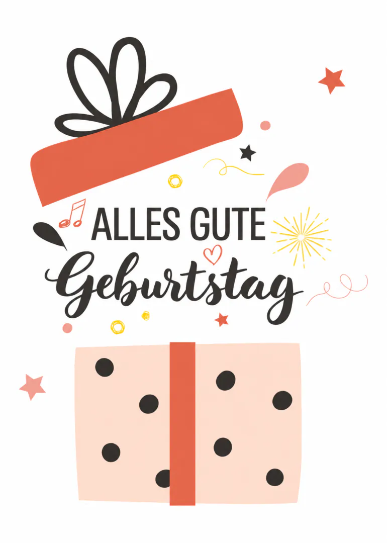 Weisse Geburtstagskarte mit grossem Geschenk, Schleife, Konfetti und dem Schriftzug „ALLES GUTE Geburtstag“.