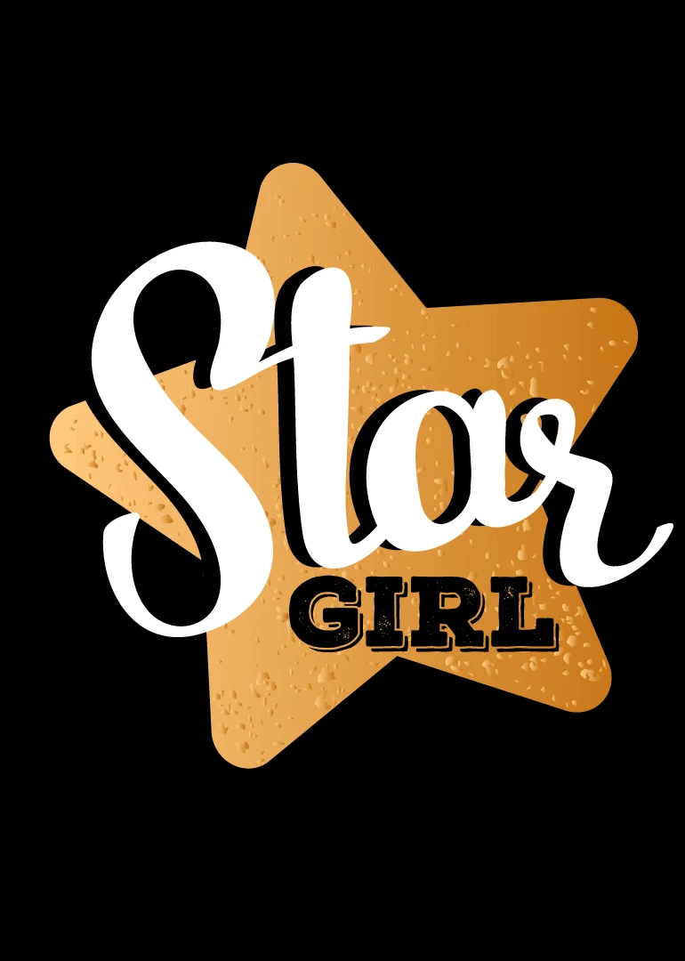 Gold star graphic with Star Girl text in white and black on a black background.