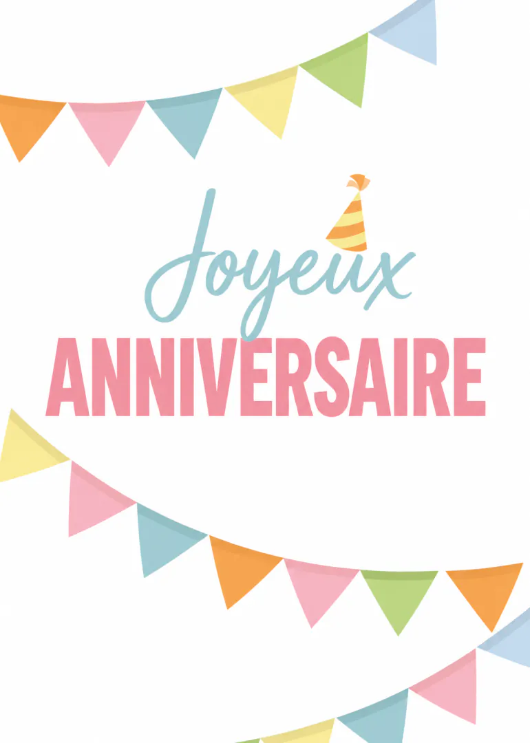 Carte blanche avec le texte « Joyeux ANNIVERSAIRE », un chapeau de fête et des guirlandes de fanions pastel.