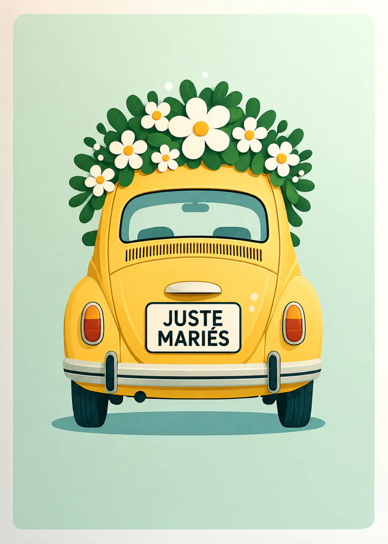 Carte de mariage illustrée d’une coccinelle jaune ornée de fleurs blanches, avec une plaque « JUSTE MARIÉS ».