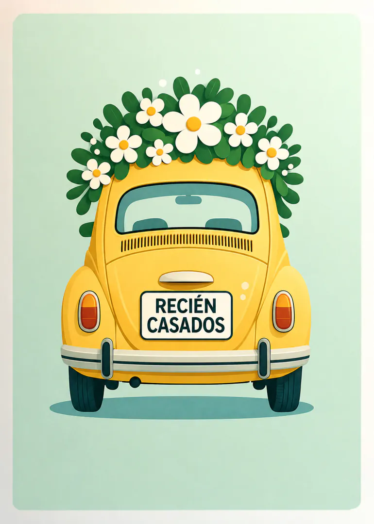 Ilustración de un coche amarillo con flores blancas y una matrícula que dice «RECIÉN CASADOS».