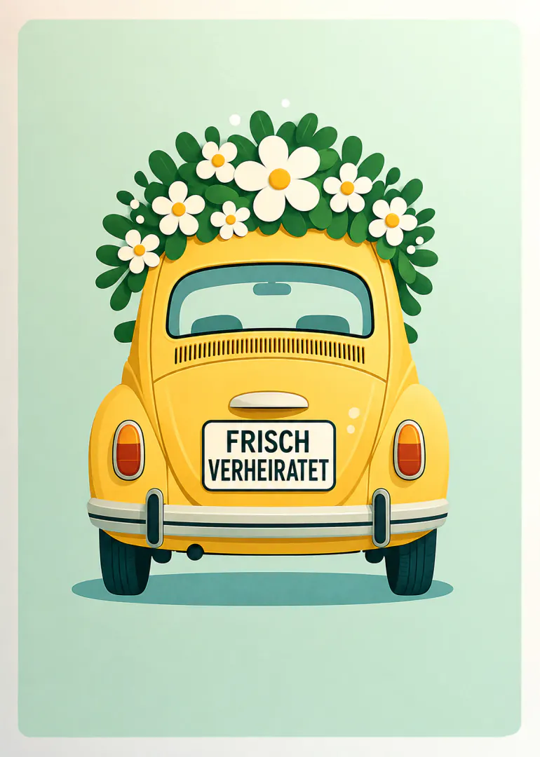 Gelber Oldtimer von hinten mit Blumenschmuck und dem Nummernschild „FRISCH VERHEIRATET“.