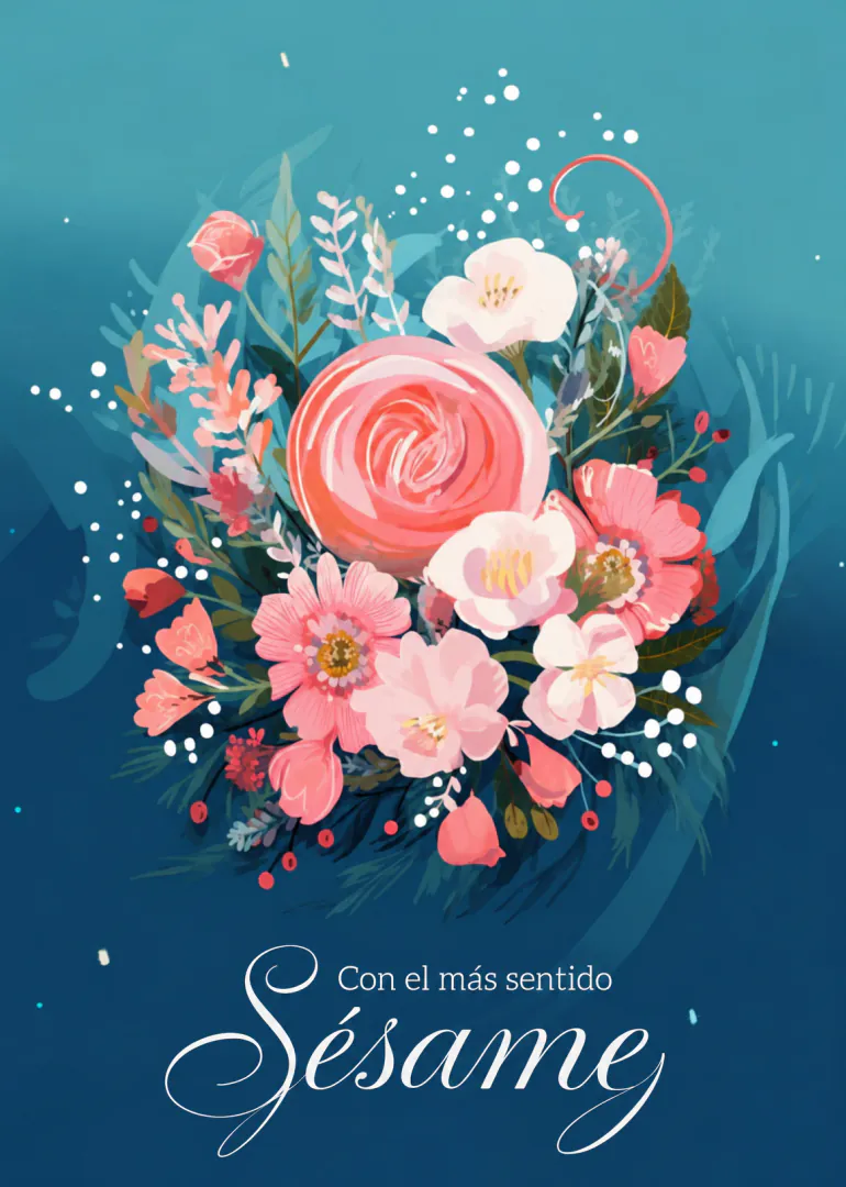Tarjeta de pésame con un ramo de flores rosas y blancas sobre fondo azul verdoso.