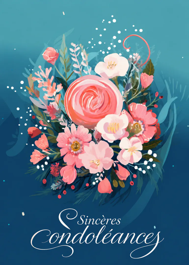 Bouquet de fleurs roses et blanches sur fond bleu, avec le message « Sincères Condoléances ».