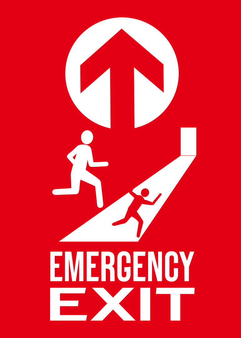 Red emergency exit sign with white running figures and arrow pointing up