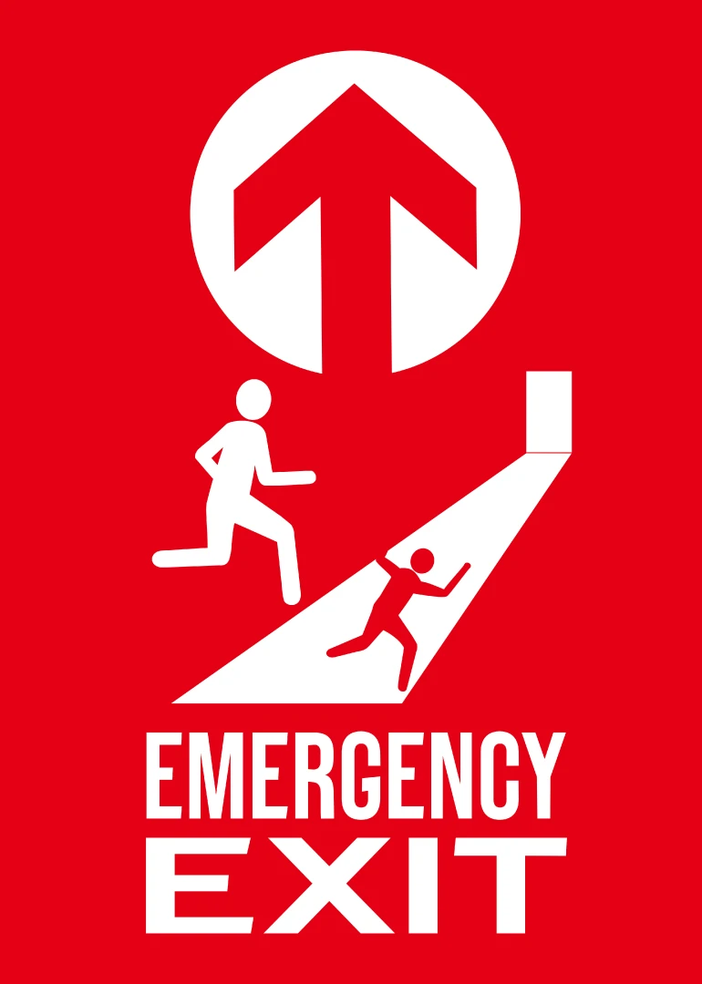 Red emergency exit sign with running figures and an upward arrow.