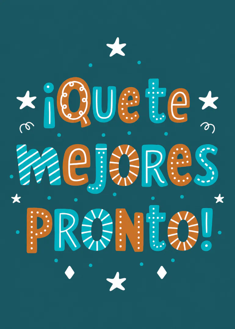 Tarjeta azul verdosa con el mensaje «iQuote MejoRe PRONTO!» en letras turquesas, naranjas y blancas decoradas.