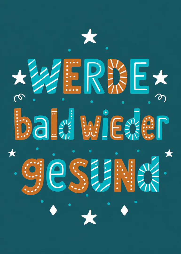 Dunkeltürkise Genesungskarte mit dekorativer Schrift und Sternen.