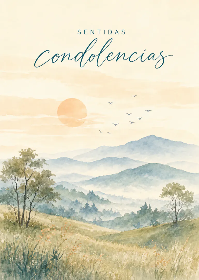 Tarjeta de condolencias con paisaje de montañas, sol suave, aves y pradera pintados en acuarela.