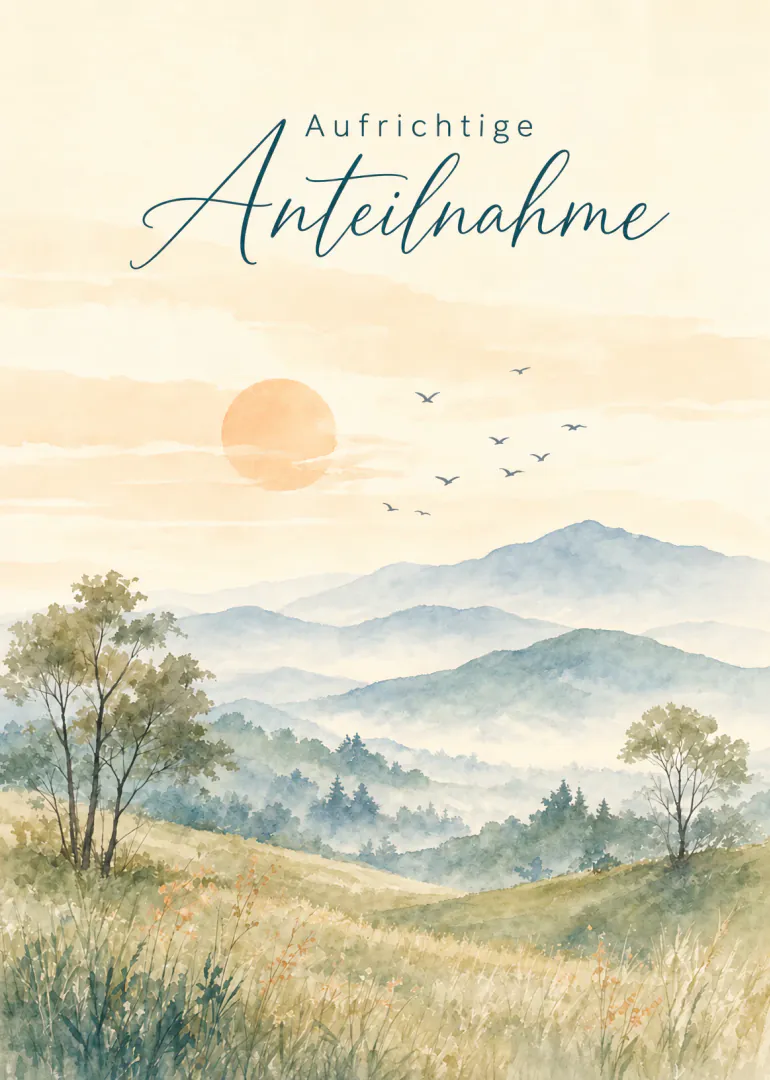 Beileidskarte mit dem Schriftzug „Aufrichtige Anteilnahme“ über einer sanften Aquarell-Berglandschaft bei Sonnenuntergang.