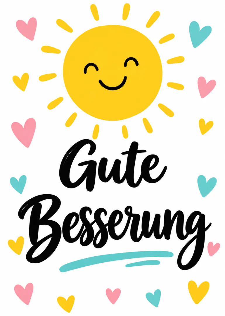 Weisse Karte mit lächelnder gelber Sonne, bunten Herzen und dem Schriftzug „Gute Besserung“.