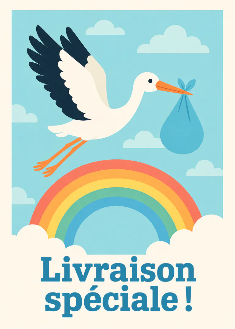 Carte illustrée d’une cigogne portant un baluchon au-dessus d’un arc-en-ciel, avec le texte « Livraison spéciale ! ».